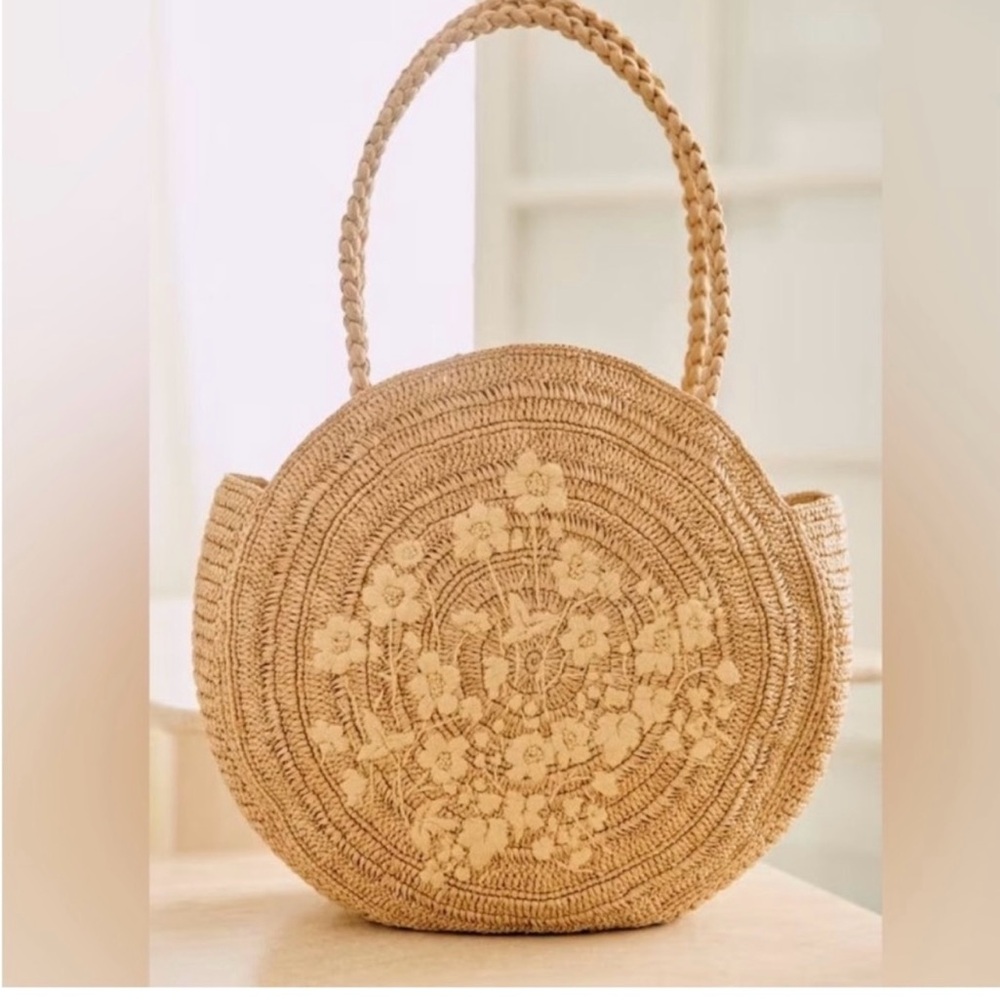 Sezane, Paris natural raffia bag with flower embroidery